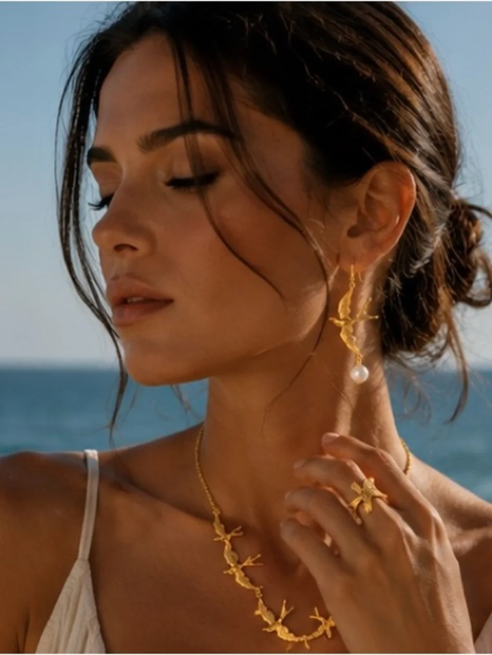 Gold Swallow Bird Necklace & Earrings Set | Pearl Drop Statement Jewelry - Picture 8 of 10